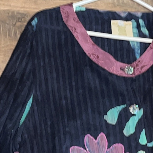 Asian creations Blue purple button up tropical SHIRT beaded round neck WOMENS Lg - Picture 14 of 14